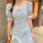 Puff-sleeve Floral Print Frill Trim Top / Midi A-line Dress
