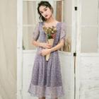 Floral Print Shirred-sleeve A-line Dress