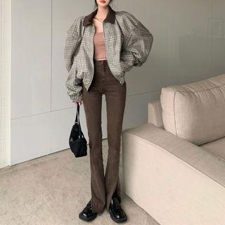 Plaid Zipper Jacket / Slit Jeans