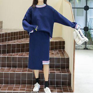 Set: Contrast-trim Sweatshirt + Straight Cut Midi Skirt