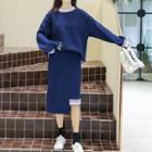 Set: Contrast-trim Sweatshirt + Straight Cut Midi Skirt