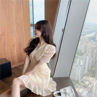 V-neck Plain Drawstring Ruffle A-line Mini Dress