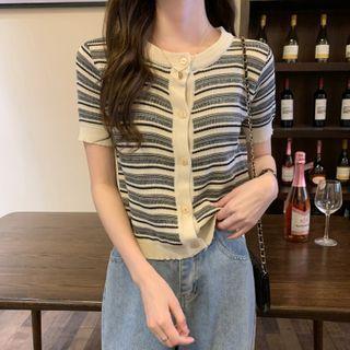 Short-sleeve Striped Knit Top Black & Beige - One Size