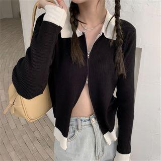Contrast Collar Zip Knit Cardigan Black - One Size