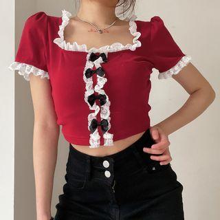 Square-neck Lace Trim Bow Cropped T-shirt
