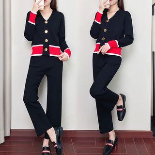 Set: Color Block V-neck Buttoned Top + Pants