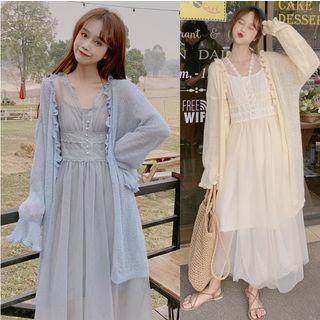 Lace Long-sleeve Dress Medium Long Skirt