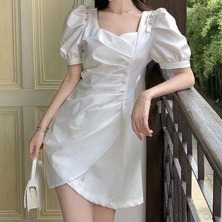 Puff-sleeve Rhinestone Embellished Mini Sheath Dress