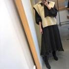 Collared Knit Vest / Long-sleeve Printed Midi Chiffon Dress