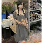 Short-sleeve Collared A-line Dress Gingham - Black - One Size