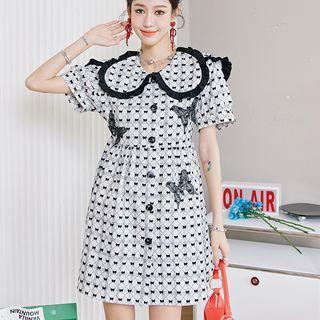 Short Sleeve Contrast Trim Bow Printed Butterfly Mini Collar Dress