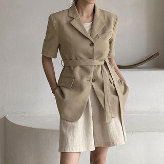 Short-sleeve Linen Blend Blazer With Sash Dark Beige - One Size