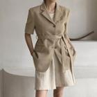 Short-sleeve Linen Blend Blazer With Sash Dark Beige - One Size
