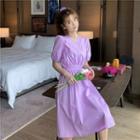 Plain Short-sleeve A-line Dress Purple - One Size