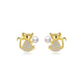 Sterling Silver Plated Gold Simple Cute Little Mouse Stud Earrings With Imitation Pearls And Cubic Zirconia Golden - One Size