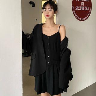 Single Breasted Blazer / Spaghetti Strap Pleated A-line Mini Dress