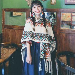 Ethnic Patterned Shawl White - One Size