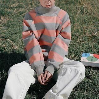 Striped Turtleneck Fleece-lined Sweatshirt