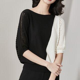 Elbow-sleeve Two-tone Knit Top