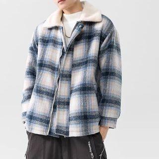 Fleece Collar Plaid Zip-up Jacket