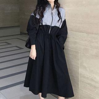 Long-sleeve Zip Placket Midi A-line Dress