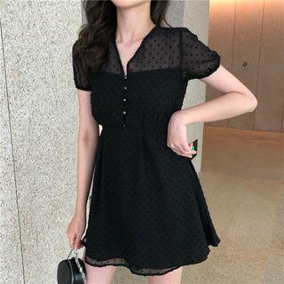 Dotted V-neck Mesh Panel Dress