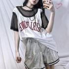 Mock Two-piece Short-sleeve Mesh Sports Top / Contrast Panel Shorts