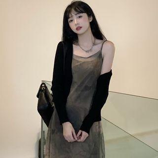 Spaghetti-strap Tie-dyed Mesh Midi A-line Dress / Camisole Top / Cardigan / Set