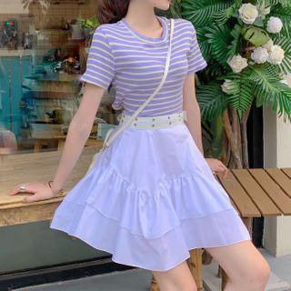 Set: Short-sleeve Striped Waist-tie T-shirt + Tiered A-line Mini Skirt + Belt