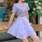 Set: Short-sleeve Striped Waist-tie T-shirt + Tiered A-line Mini Skirt + Belt