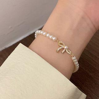 Bow Rhinestone Faux Pearl Bracelet Gold & White - One Size
