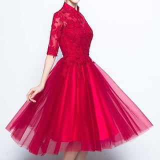 Elbow-sleeve Lace A-line Midi Prom Dress