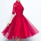 Elbow-sleeve Lace A-line Midi Prom Dress