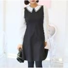 Contrast-sleeve Collared A-line Dress