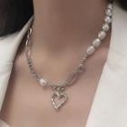 Faux Pearl Heart Necklace White Faux Pearl - Silver - One Size