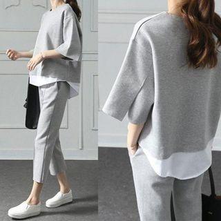 Set: Mock Two-piece 3/4-sleeve T-shirt + Capri Pants