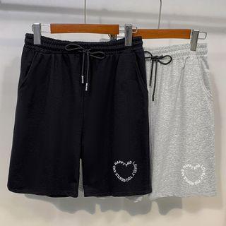Heart Print Drawstring-waist Shorts