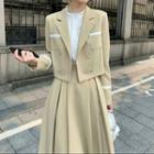 Plain Blouse / Double-breasted Cropped Blazer / Midi A-line Skirt / Set