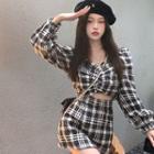 Set: Plaid Shirred Crop Blouse + A-line Skirt