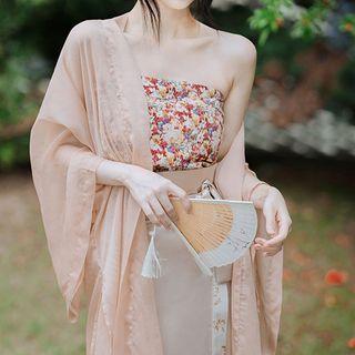 Traditional Chinese Long Jacket / Floral Tube Top / Maxi Skirt / Set