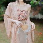 Traditional Chinese Long Jacket / Floral Tube Top / Maxi Skirt / Set