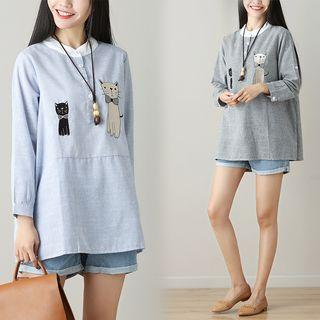 Cat Embroidered Striped Long-sleeve Blouse
