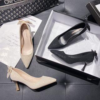 Pointed Flared Heel Glitter Bow Pumps