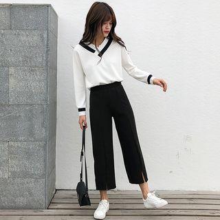 Long-sleeve V-neck Top / Wide-leg Cropped Pants