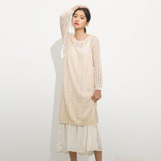 Set: Long-sleeve Pointelle Knit Dress + Slipdress Almond - One Size