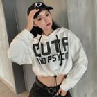Lettering Drawstring-cuff Cropped Hoodie