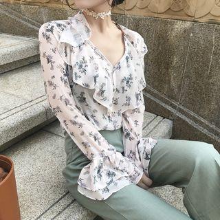 Floral V-neck Bell-sleeve Chiffon Blouse