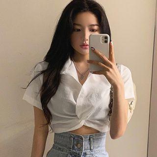 Short-sleeve Asymmetrical Twist-front Crop Shirt