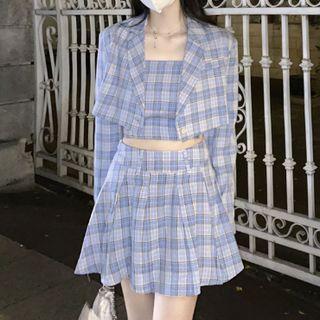 Plaid Cropped Blazer / Camisole Top / A-line Skirt