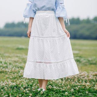Floral Embroidered Midi A-line Skirt White - One Size